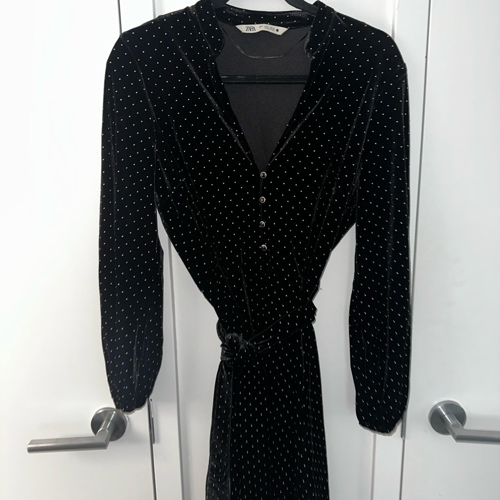 Zara Black Velvet Long Sleeve Dress with Gold Dots
